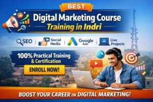 Digital Marketing in Indri course poster by TrustHOPER showing course benefits like 100% practical training, industry-recognized certification, and job placement assistance with contact number 90680-88882.