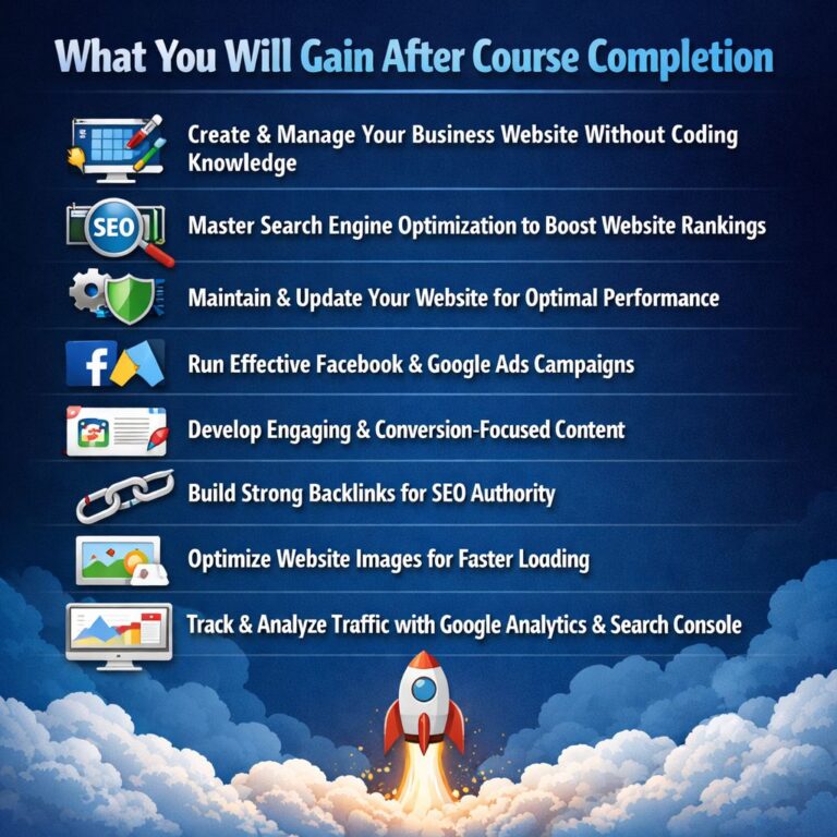 Infographic showing what you gain after completing a digital marketing course including website creation, SEO, paid ads, content marketing, backlink building, and analytics skills.