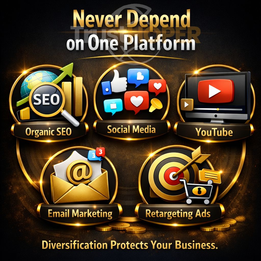3D digital marketing infographic showing Organic SEO, Social Media, YouTube, Email Marketing, and Retargeting Ads with message “Never Depend on One Platform” and diversification strategy concept.