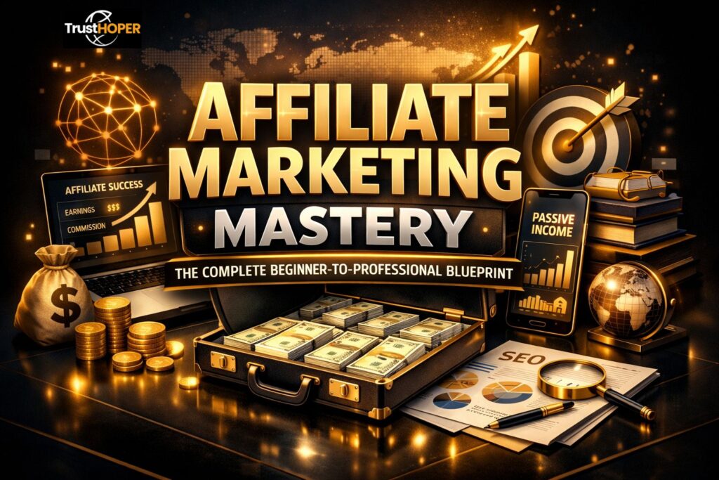 Luxury 3D affiliate marketing featured image with gold and black theme showing laptop, smartphone earnings dashboard, cash, SEO charts, and “Affiliate Marketing Mastery” title.