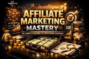 Luxury 3D affiliate marketing featured image with gold and black theme showing laptop, smartphone earnings dashboard, cash, SEO charts, and “Affiliate Marketing Mastery” title.
