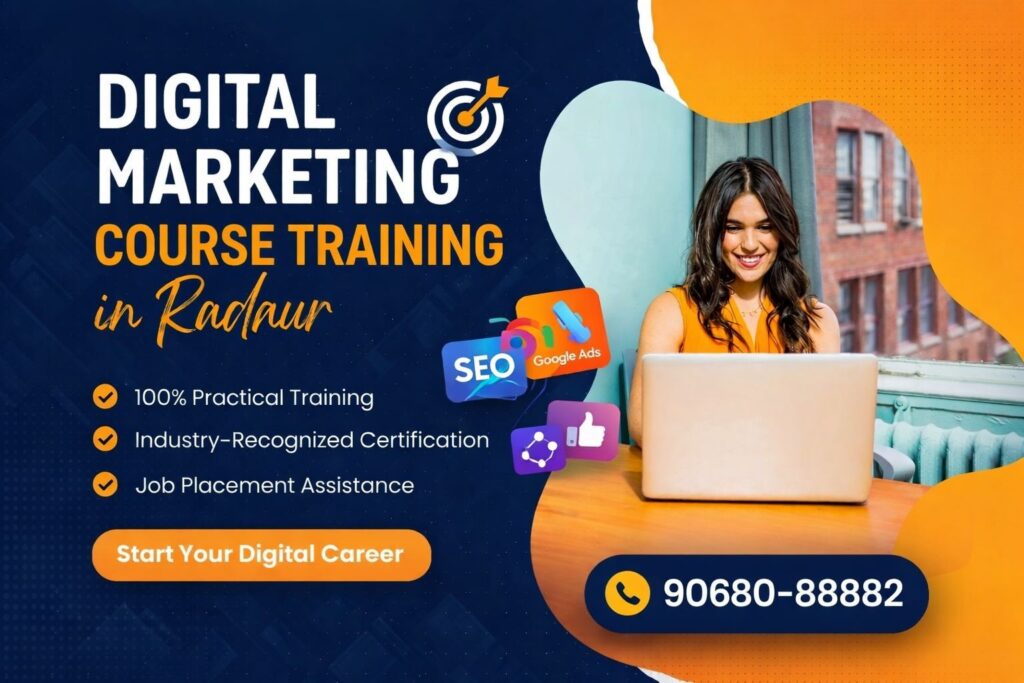 Digital Marketing Course Training in Radaur poster showing 100% practical training, industry-recognized certification, and job placement assistance with contact number 90680-88882.