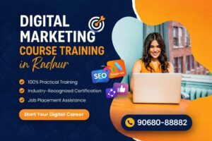 Digital Marketing Course Training in Radaur poster showing 100% practical training, industry-recognized certification, and job placement assistance with contact number 90680-88882.